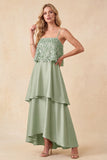 Light Green Spaghetti Straps Tiered High-Low Satin Formal Dress with Feathers