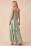 Light Green Spaghetti Straps Tiered High-Low Satin Formal Dress with Feathers