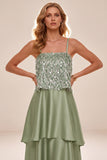 Light Green Spaghetti Straps Tiered High-Low Satin Formal Dress with Feathers