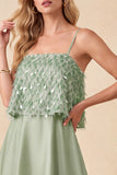 Light Green Spaghetti Straps Tiered High-Low Satin Formal Dress with Feathers