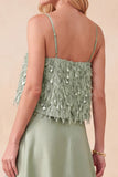 Light Green Spaghetti Straps Tiered High-Low Satin Formal Dress with Feathers