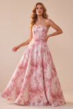 Pink A-Line Sequins Strapless Maxi Formal Dress with Lace Up Back
