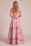 Pink A-Line Sequins Strapless Maxi Formal Dress with Lace Up Back