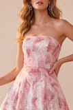 Pink A-Line Sequins Strapless Maxi Formal Dress with Lace Up Back