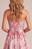 Pink A-Line Sequins Strapless Maxi Formal Dress with Lace Up Back