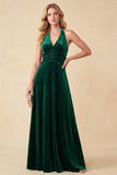 Dark Green Halter A-Line Velvet V-Neck Ruched Maxi Formal Dress