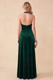 Dark Green Halter A-Line Velvet V-Neck Ruched Maxi Formal Dress