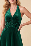Dark Green Halter A-Line Velvet V-Neck Ruched Maxi Formal Dress
