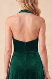 Dark Green Halter A-Line Velvet V-Neck Ruched Maxi Formal Dress