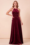 Burgundy A-Line Velvet Halter 3D Flower Long Formal Dress with Beading