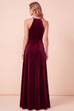 Burgundy A-Line Velvet Halter 3D Flower Long Formal Dress with Beading
