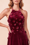 Burgundy A-Line Velvet Halter 3D Flower Long Formal Dress with Beading