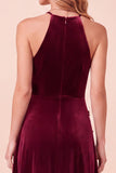 Burgundy A-Line Velvet Halter 3D Flower Long Formal Dress with Beading
