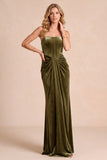 Olive Velvet Corset Sheath Strapless Ruched Maxi Formal Dress
