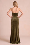 Olive Velvet Corset Sheath Strapless Ruched Maxi Formal Dress
