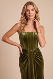 Olive Velvet Corset Sheath Strapless Ruched Maxi Formal Dress