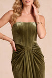 Olive Velvet Corset Sheath Strapless Ruched Maxi Formal Dress