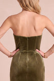 Olive Velvet Corset Sheath Strapless Ruched Maxi Formal Dress