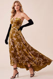 Mustard Gold A-Line V-Neck Velvet Strapless High-Low Formal Dress