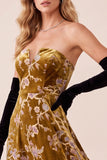 Mustard Gold A-Line V-Neck Velvet Strapless High-Low Formal Dress