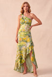 Yellow Sheath Printed One Shoulder High-Low Formal Dress with Ruffles