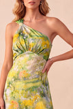 Yellow Sheath Printed One Shoulder High-Low Formal Dress with Ruffles