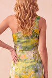 Yellow Sheath Printed One Shoulder High-Low Formal Dress with Ruffles