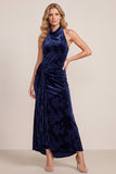 Navy Sheath High Low Cowl Neck Velvet Maxi Formal Dress with Draping