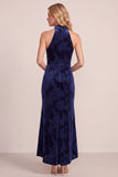 Navy Sheath High Low Cowl Neck Velvet Maxi Formal Dress with Draping