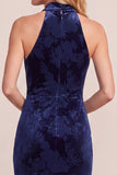 Navy Sheath High Low Cowl Neck Velvet Maxi Formal Dress with Draping