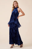 Navy A-Line Velvet Halter Maxi Formal Dress with Ruffles