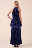 Navy A-Line Velvet Halter Maxi Formal Dress with Ruffles