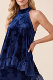 Navy A-Line Velvet Halter Maxi Formal Dress with Ruffles