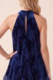 Navy A-Line Velvet Halter Maxi Formal Dress with Ruffles