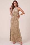 Champagne Sheath High Neck Ruffled Velvet Maxi Formal Dress
