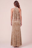 Champagne Sheath High Neck Ruffled Velvet Maxi Formal Dress