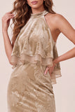 Champagne Sheath High Neck Ruffled Velvet Maxi Formal Dress