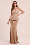 Khaki Mermaid Strapless Sequins Velvet Long Formal Dress with Appliques