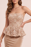 Khaki Mermaid Strapless Sequins Velvet Long Formal Dress with Appliques