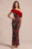 Asymmetrical Red Mermaid One Shoulder Velvet Printed Maxi Formal Dress