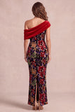 Asymmetrical Red Mermaid One Shoulder Velvet Printed Maxi Formal Dress