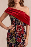 Asymmetrical Red Mermaid One Shoulder Velvet Printed Maxi Formal Dress