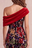 Asymmetrical Red Mermaid One Shoulder Velvet Printed Maxi Formal Dress