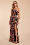 Black Sheath One Shoulder Embroidery Sequins Long Formal Dress with Slit