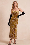 Mustard Gold Sheath Velvet Printed Spaghetti Straps Maxi Formal Dress