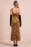 Mustard Gold Sheath Velvet Printed Spaghetti Straps Maxi Formal Dress