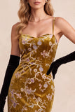 Mustard Gold Sheath Velvet Printed Spaghetti Straps Maxi Formal Dress