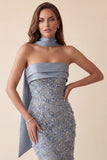 Grey Blue Bodycon Sequins Satin Strapless Maxi Formal Dress with Appliques