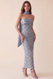 Grey Blue Bodycon Sequins Satin Strapless Maxi Formal Dress with Appliques