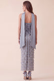 Grey Blue Bodycon Sequins Satin Strapless Maxi Formal Dress with Appliques